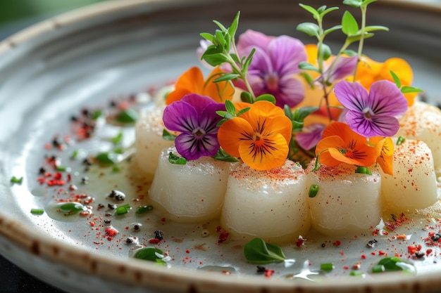 Gourmet dish with edible flowers