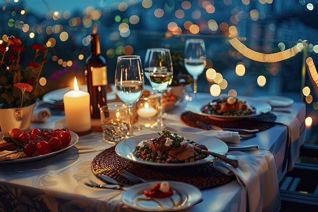 Gourmet dishes and culinary delights served at a rooftop dinner Enjoying a romantic meal together