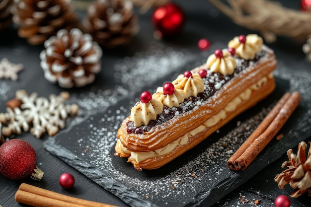 Photo gourmet eclair with festive holiday decorations