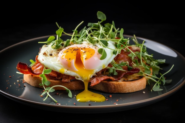 Gourmet egg sandwich with crispy bacon and microgreens on a plate