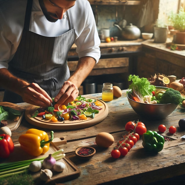 Photo gourmet farmtotable experience chef preparing colorful organic dish in rustic kitchen