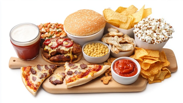 Gourmet Fast Food Platter Featuring Pepperoni Pizza Burgers Hot Dogs and Crispy Fries