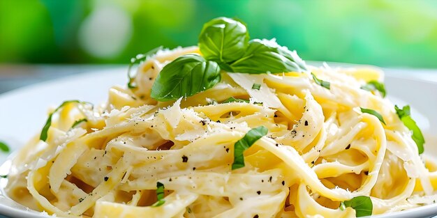 Gourmet Fettuccine Alfredo with Parmesan and Basil Garnish Concept Creamy Pasta Recipe Italian Cuisine Fettuccine Alfredo Gourmet Cooking Parmesan and Basil