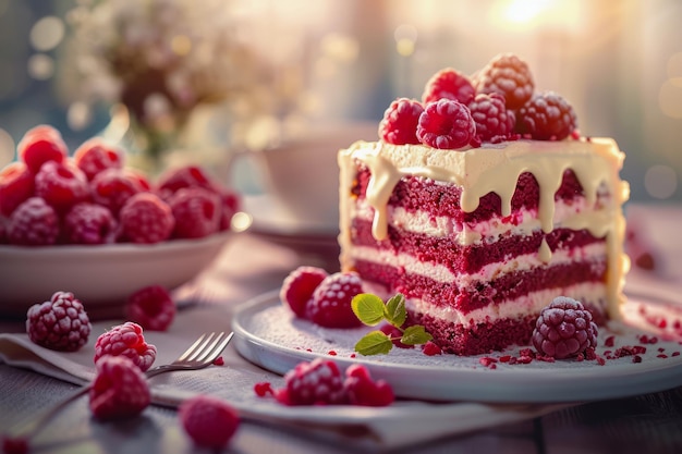 Gourmet Fresh Raspberry Layer Cake with Cream Frosting and Mint on Sunny Table