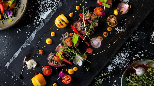 Photo gourmet fusion cuisine artfully plated grilled meat with vibrant edible flowers and colorful purees