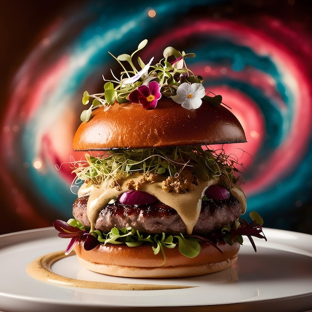 Gourmet Galaxy Gourmet burger with edible flowers