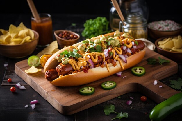 Gourmet grilled all beef hot dog with sides and chips delicious and simple hot dogs with mustard pepper onion and nachos hot dogs fully loaded with assorted toppings on a paddle board