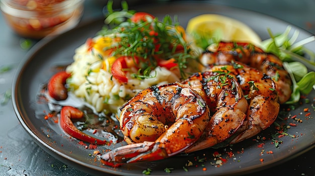 Gourmet Grilled Prawns with shell glazed with Peri Peri sauce served with a side of mesclun and riso