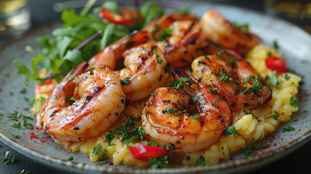 Gourmet Grilled Prawns with shell glazed with Peri Peri sauce served with a side of mesclun and riso