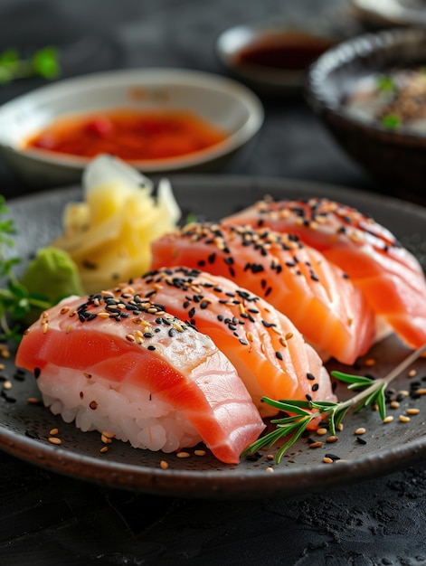 Photo gourmet hamachi yellowtail nigiri on rice elegant japanese cuisine on a dark background