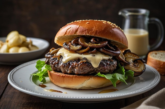 A gourmet hamburger topped with caramelized onions sau