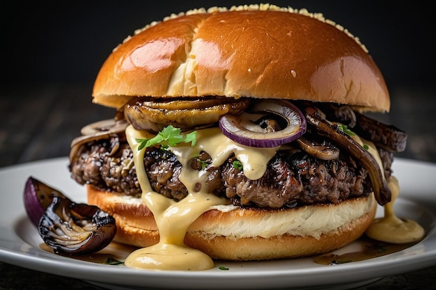 A gourmet hamburger topped with caramelized onions sau