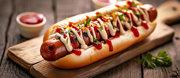 A gourmet hot dog generously drizzled with ketchup and mustard ready to be relished epitomizes indulgent street food