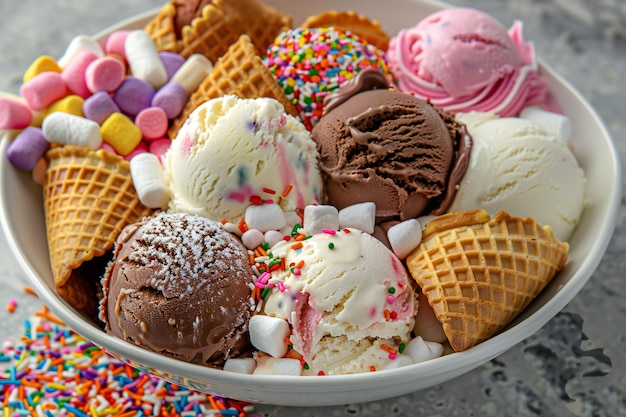 Gourmet Ice Cream Bowl with Marshmallows Sprinkles and Waffle Cones Creative Dessert Photography