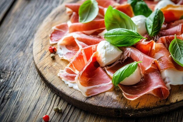 Gourmet Italian Cuisine Fresh Mozzarella Prosciutto Basil Rustic Wooden Board