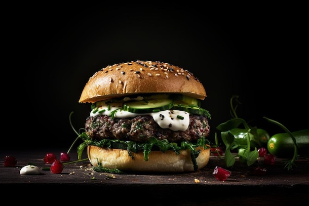 Photo gourmet lamb burger with mint yogurt american cuisine burger fast food wallpaper