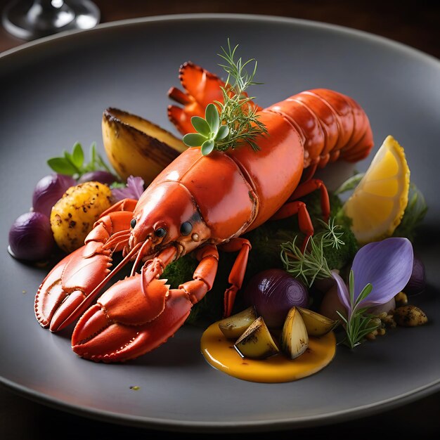 Photo the gourmet lobster dish roasted vegetables elegant plating succulent seafood use ai