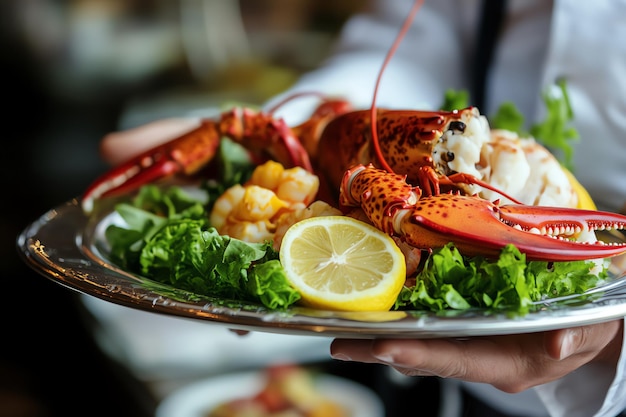 Photo gourmet lobster platter served with lemon garnish and fresh greens showcasing luxury seafood