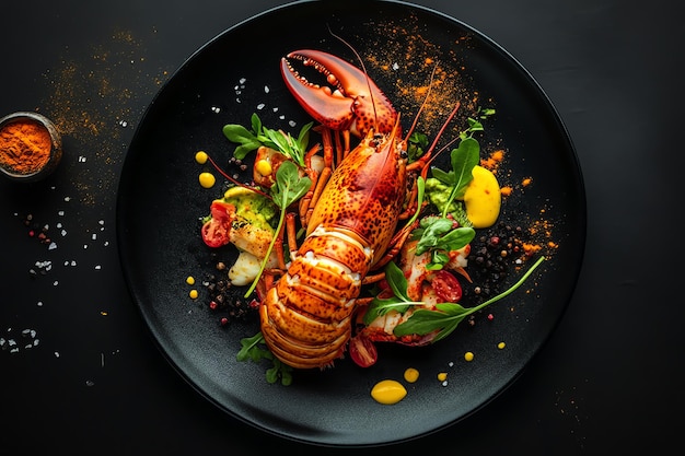 Gourmet lobster salad with arugula grilled vegetables and lemon garnish showcasing a vibrant