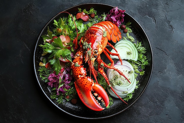 Gourmet lobster salad with arugula grilled vegetables and lemon garnish showcasing a vibrant