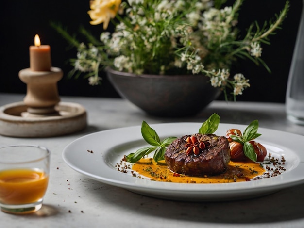 Photo gourmet meal closeup on a white plate with herbs and spices