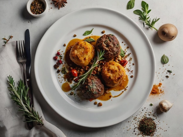 Gourmet Meal CloseUp on a White Plate with Herbs and Spices