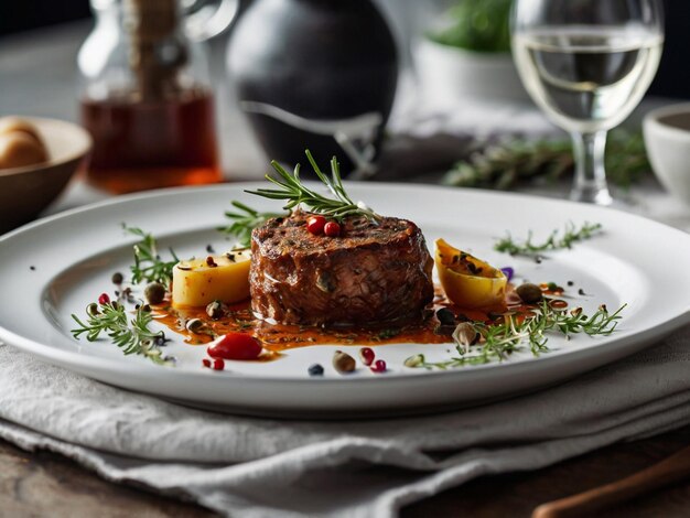 Gourmet Meal CloseUp on a White Plate with Herbs and Spices