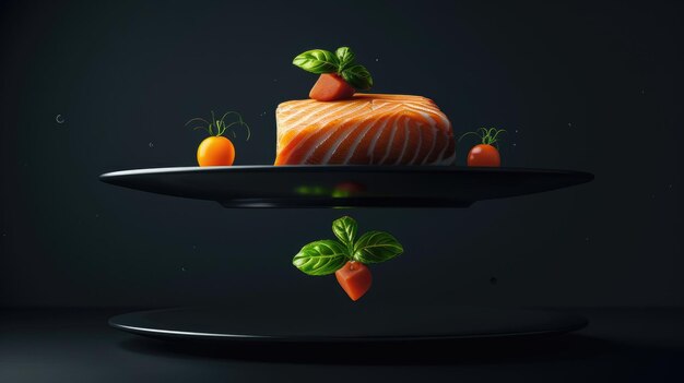 Photo a gourmet meal floating above a sleek black plate