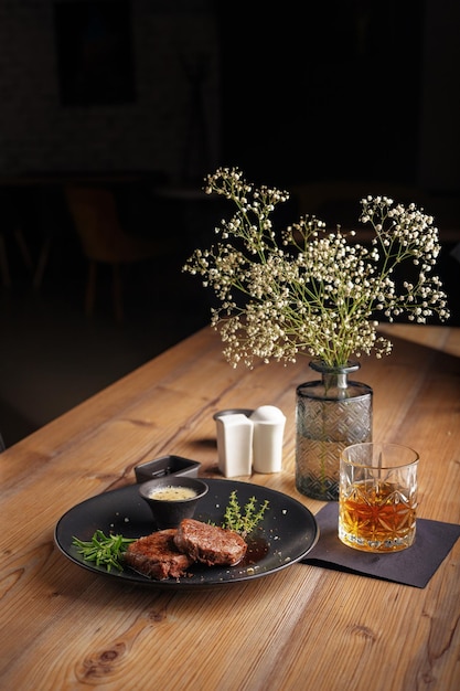 Gourmet meat meals assortment flat lay Top view on restaurant table with menu of tasty grilled snacks Concept for restaurant menu