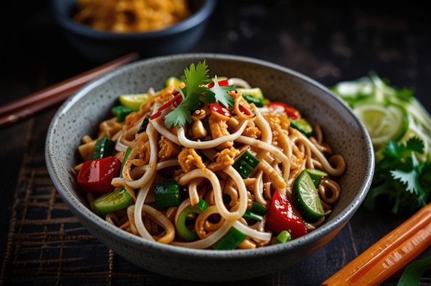 Photo gourmet pad thai vegetarian dish featuring udon noodles generated by ai