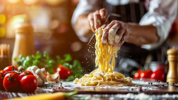 Gourmet Pasta Making Chef Adds Cheese to Dish