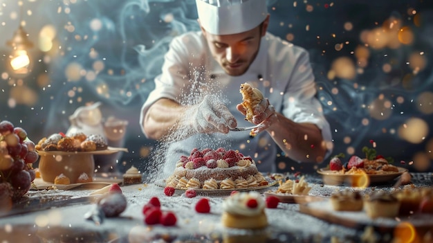 Photo gourmet pastry chef decorating dessert with icing