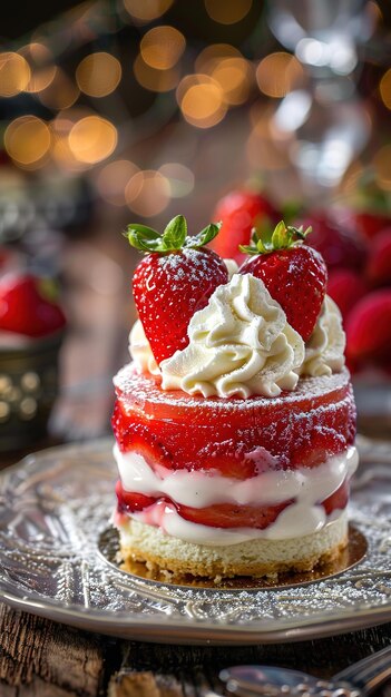 Photo gourmet patisserie strawberry shrortcake with white whipped cream