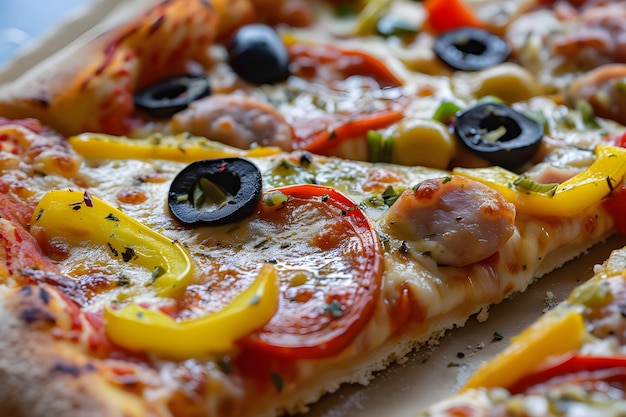 Gourmet Pizza Slice Macro Lens CloseUp of Freshness with Olives Bell Peppers and Sausage Topping