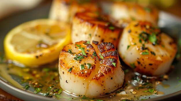 A gourmet plate of seared scallops with a lemon butter sauce