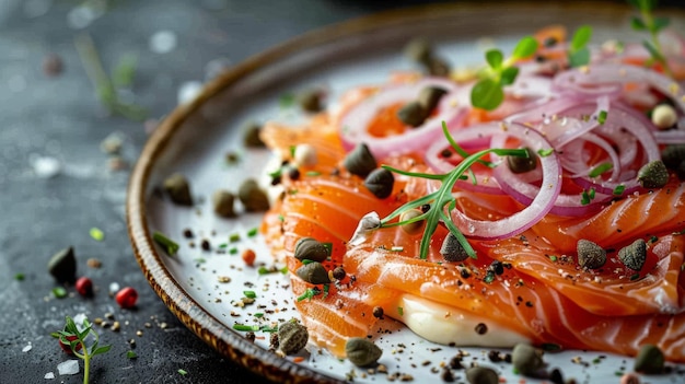 A gourmet plate of smoked salmon with capers onions and cream cheese