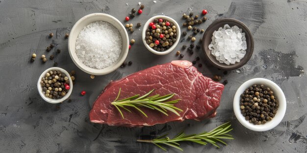 Gourmet Preparation Raw Steak with Fresh Herbs and Exotic Spices