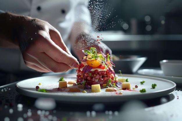 Photo gourmet professional chef prepares a tasty and visually stunning dish on a plate showcasing