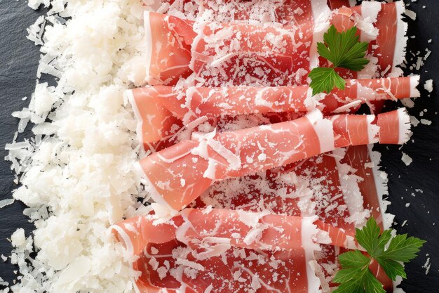 Photo gourmet prosciutto with shaved parmesan and parsley garnish