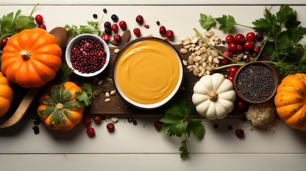 Gourmet Pumpkin Soup Amidst Harvest Vegetables