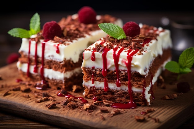 Gourmet Red Velvet Cake Slices with Chocolate Shavings Tempting Dessert