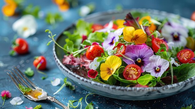 A gourmet salad adorned with edible flowers showcasing the culinary creativity and vibrant colors