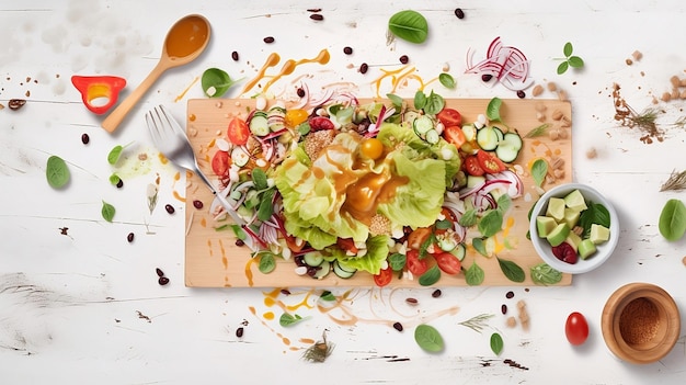 Gourmet salad on a rustic white wooden table Top view for banner copy space and background