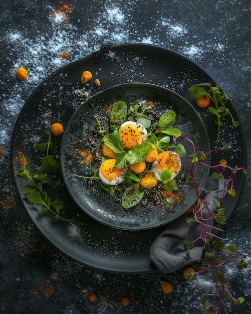 Photo gourmet salad with boiled eggs herbs and spices served on black plate