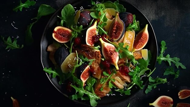 Gourmet salad with fresh figs grilled chicken prams