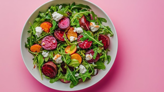 Photo gourmet salad with roasted beets creamy goat cheese and fresh arugula arranged beautifully