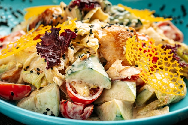 Gourmet salad with smoked chicken and cheese