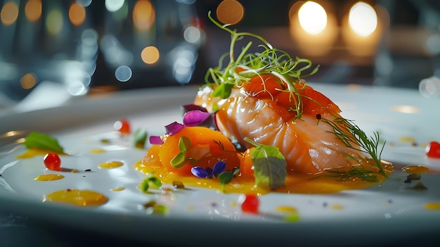 Gourmet Salmon Delight A Culinary Masterpiece on a Plate CloseUp of Fine Dining Presentation