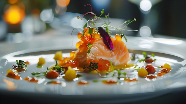 Gourmet Salmon Delight Exquisite Plating with Edible Flowers and Caviar