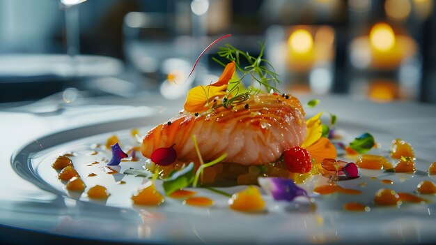 Gourmet Salmon Dish with Edible Flowers and Citrus Caviar CloseUp of Fine Dining Presentation